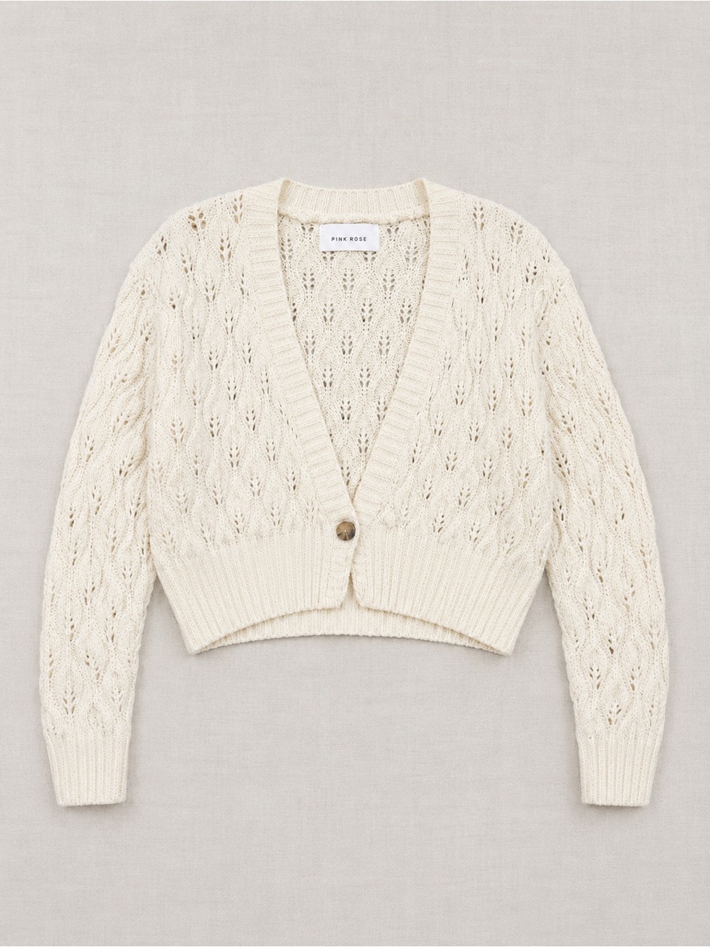 Pink Rose Cream Cropped Open-Knit V-Neck Cardigan